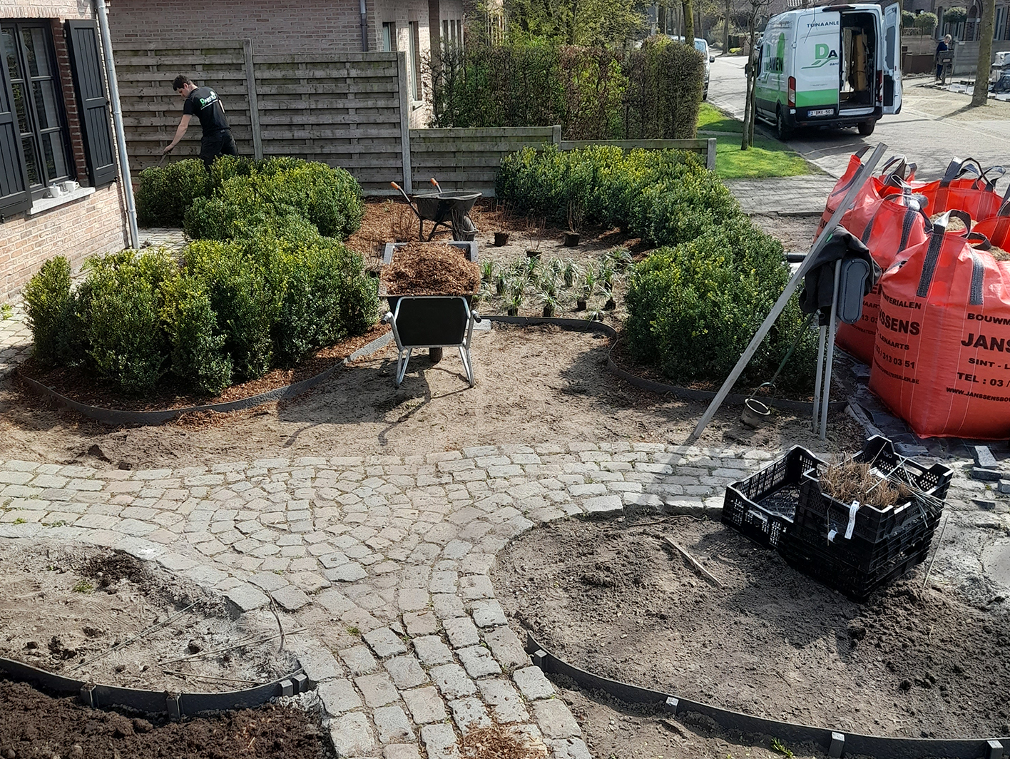 Tuinrenovatie Hoogstraten met nieuwe bestrating en perken met struikkamperfoelie en houtsnippers als grondbedekker